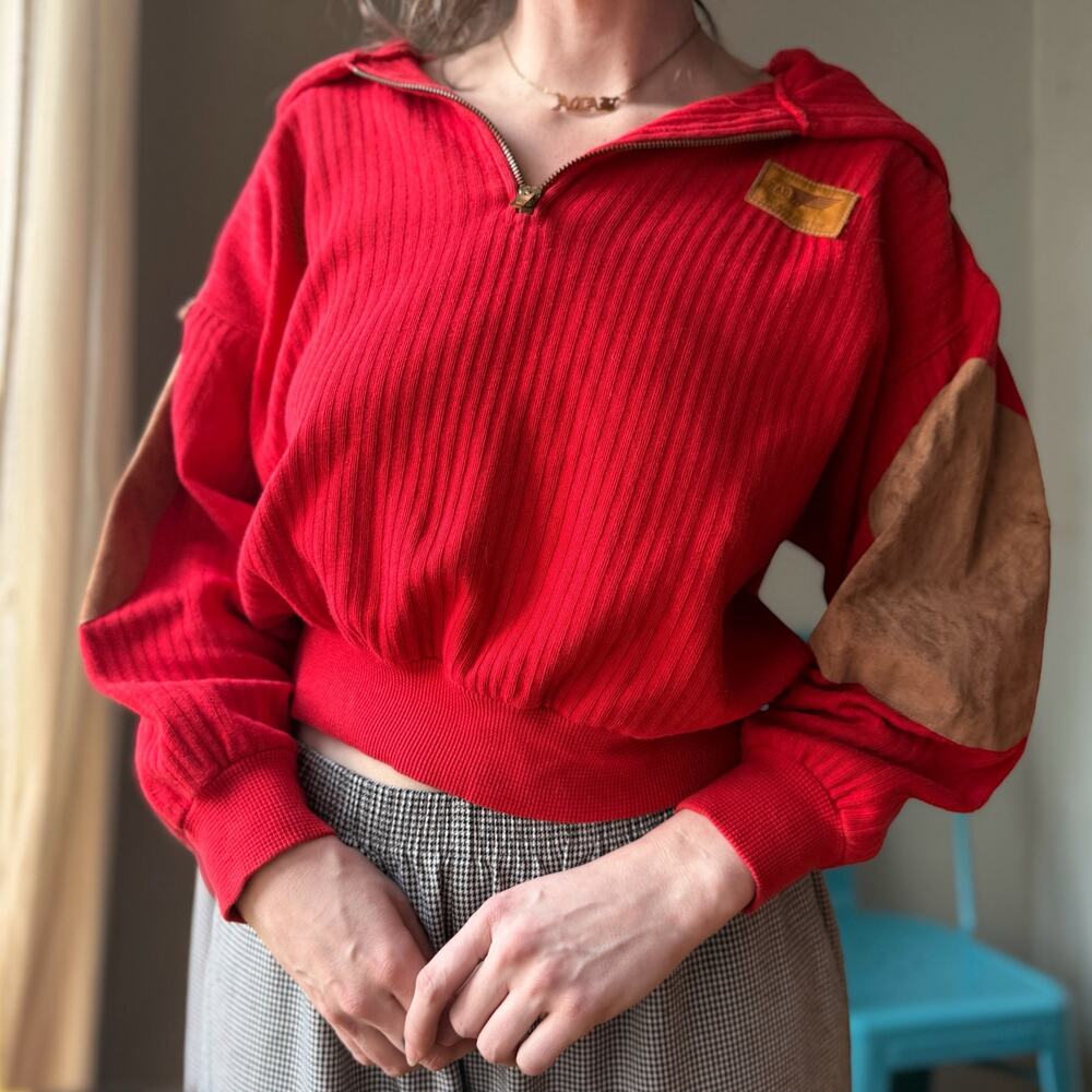 Vintage 80s Kennedy Red Cropped Knit Pullover | Preppy Eclectic Grandpa | M/L - Picture 5 of 10
